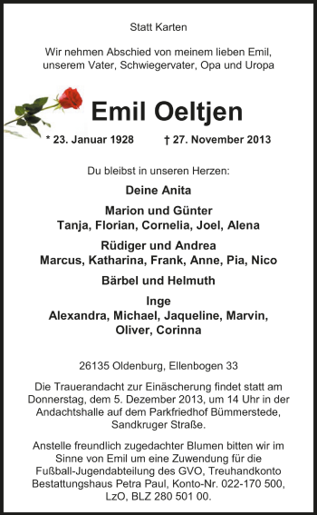 Traueranzeige von Emil Oeltjen von Nordwest Zeitung